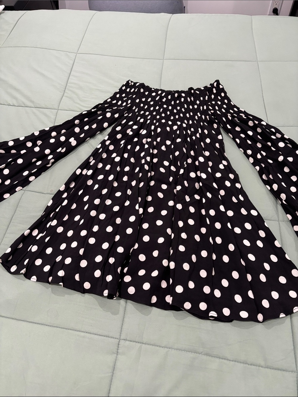 Black and White Polka Dot Off-Shoulder Smocked Dress